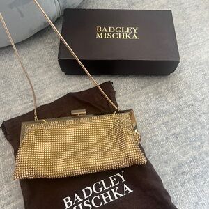 New in Box Badgley Mishka gold framed evening bag with chain and original box